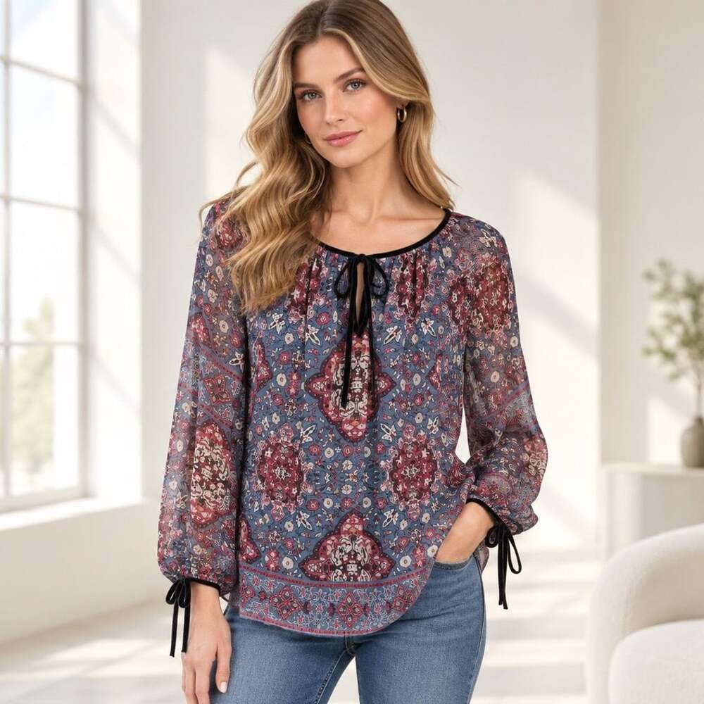 White House Black Market Peasant Blouse Size 10 Blue Floral Boho Tie Neck